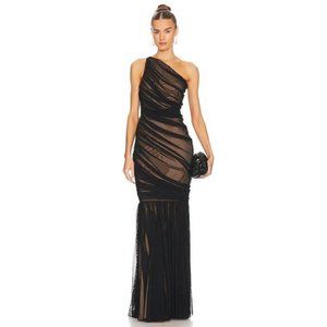 Norma Kamali Diana Fishtail Gown Long Black Mesh & Nude